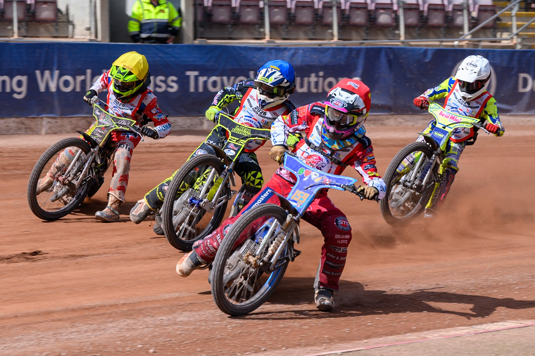 BRITISH YOUTH CHAMPIONSHIP (500cc): FINAL: Stene Pijper (159) in Red leading Oli Bovingdon (15) in Blue Ollie Binns (91) in Yellow with  Harry Fletcher (23) in White during the British Youth Speedway Championship at the National Speedway Stadium, Manchester on Sunday 10th May 2026. (Photo: Ian Charles | MI News)