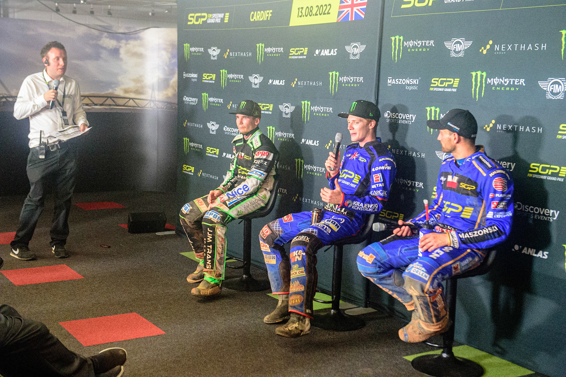 Post meeting press conference: Paul Burbridge (left) interviews the top 3 during the FIM  Speedway Grand Prix of Great Britain at the Principality Stadium, Cardiff on Saturday 13th August 2022. (Credit: Ian Charles | MI News