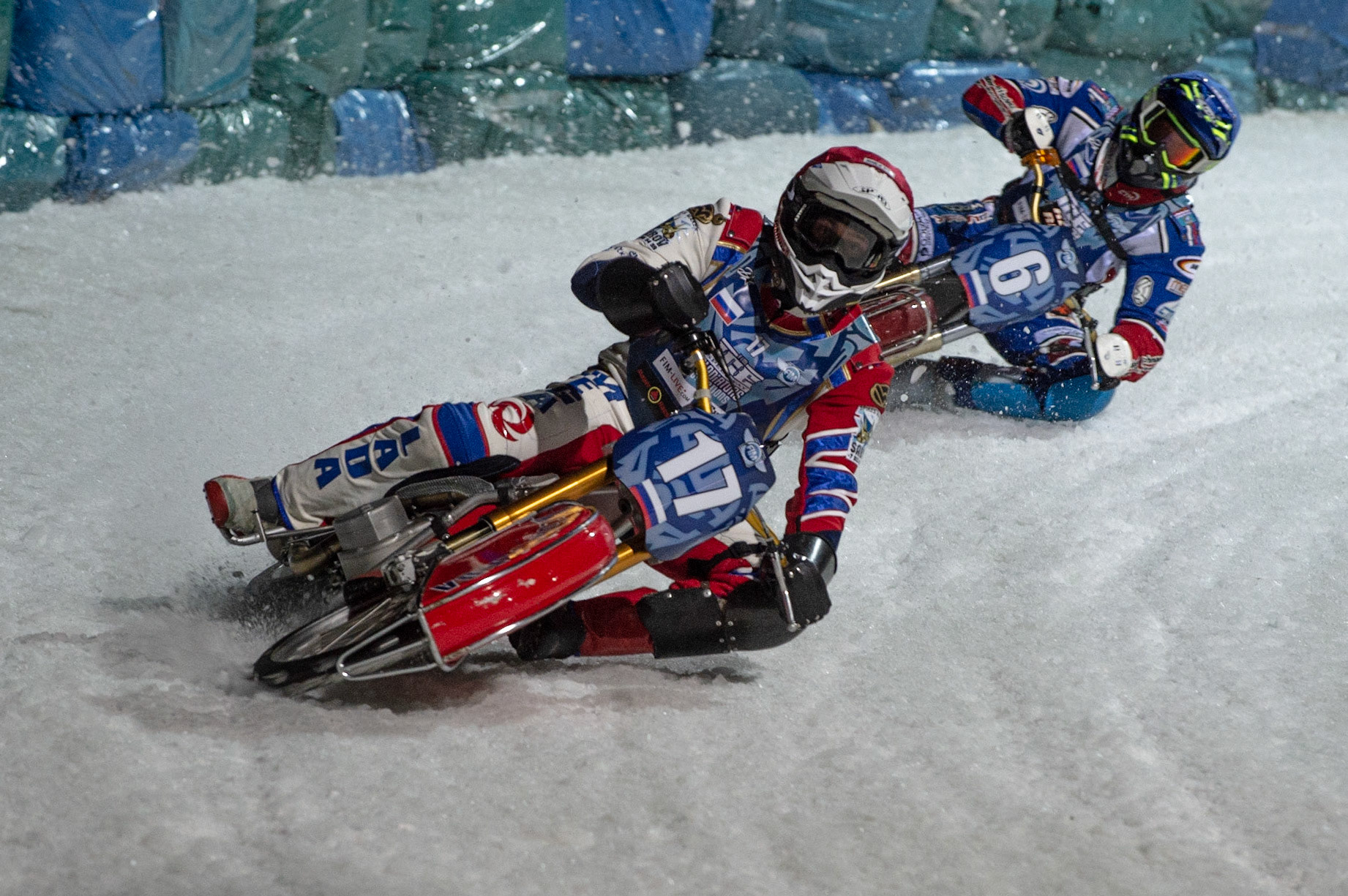 BERLIN GERMANY  - February 29  Igor Kononov (Red) leads team mate Dmitri Khomitsevich (Blue) of Russia  during theIce Speedway of Nations (Day 1) at the Horst-Dohm-Eisstadion, Berlin,  on Saturday 29 February 2020. (Credit: Ian Charles | MI News)