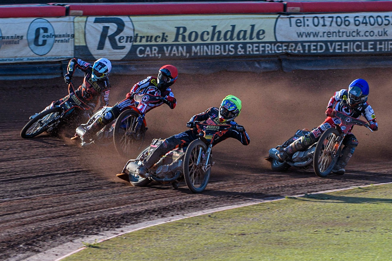 Leon Flint (Yellow) leads Brady Kurtz (Red), Jack Smith (Blue) and Ryan Douglas (White) during the Sports Insure Premiership match between Belle Vue Aces and Wolverhampton Wolves at the National Speedway Stadium, Manchester on Monday 3rd July 2023. (Photo: Ian Charles | MI News)