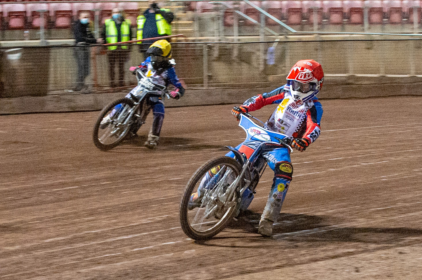 Photo: Ian CharlesCameron Taylor (Red) inside Jody Scott (Yellow) (250cc Class)British Youth Speedway Championship (Round 5), National Speedway Stadium, Manchester Saturday  10  October  2020