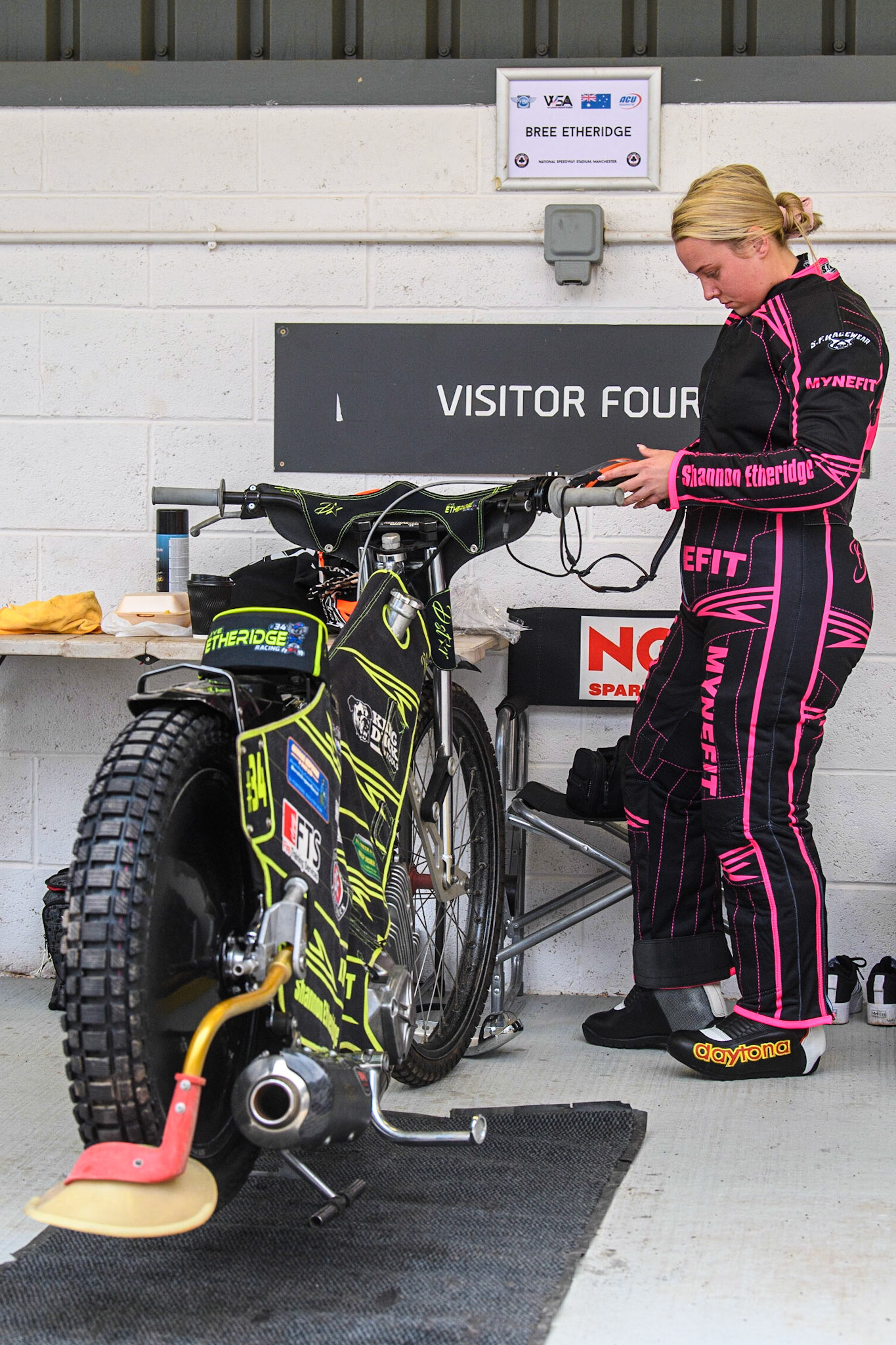 Bree Etheridge prepares for the racing during the FIM Women's  Speedway Academy at the National Speedway Stadium, Manchester on Friday 4th August 2023. (Photo: Ian Charles | MI News)