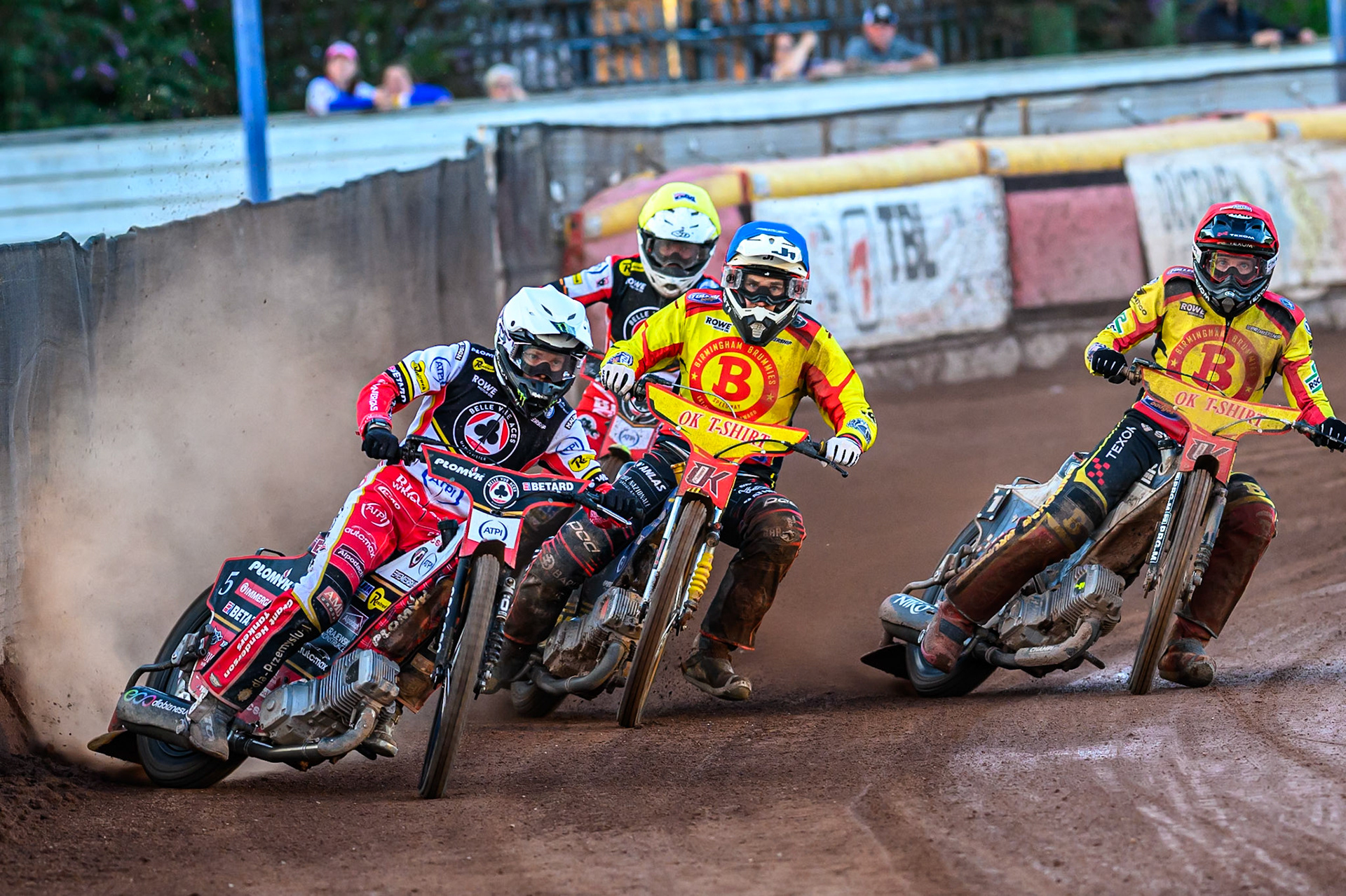 Belle Vue Aces' Dan Bewley  in White leading Birmingham Brummies' Tobias Musielak, Birmingham Brummies' Paco Castagna  in Blue and Belle Vue Aces' Tate Zischke in Yellow during the Rowe Motor Oil Premiership match between Birmingham Brummies and Belle Vue Aces at Perry Barr Stadium, Birmingham on Monday 28th July 2025. (Photo: Ian Charles | MI News)