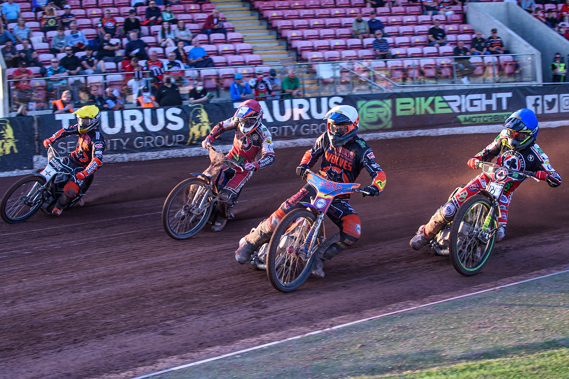 MANCHESTER, UK. JULY 15TH   Rory Schlein  (White) leads Charles Wright  (Blue) Steve Worrall  (Red) and Broc Nicol  (Yellow) during the SGB Premiership match between Belle Vue Aces and Wolverhampton Wolves at the National Speedway Stadium, Manchester on Thursday 15th July 2021. (Credit: Ian Charles | MI News)