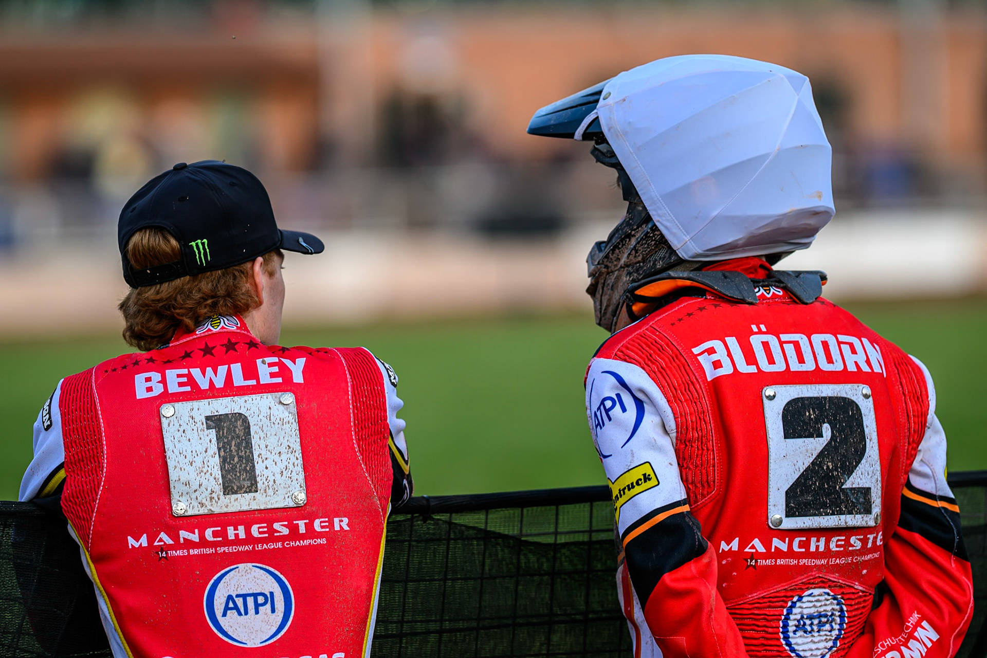Belle Vue Aces' Dan Bewley (Left) and Belle Vue Aces' Norick Blodorn watch the track prep during the Rowe Motor Oil Premiership match between Birmingham Brummies and Belle Vue Aces at Perry Bar Stadium, Birmingham on Monday 2nd June 2025. (Photo: Ian Charles | MI News)