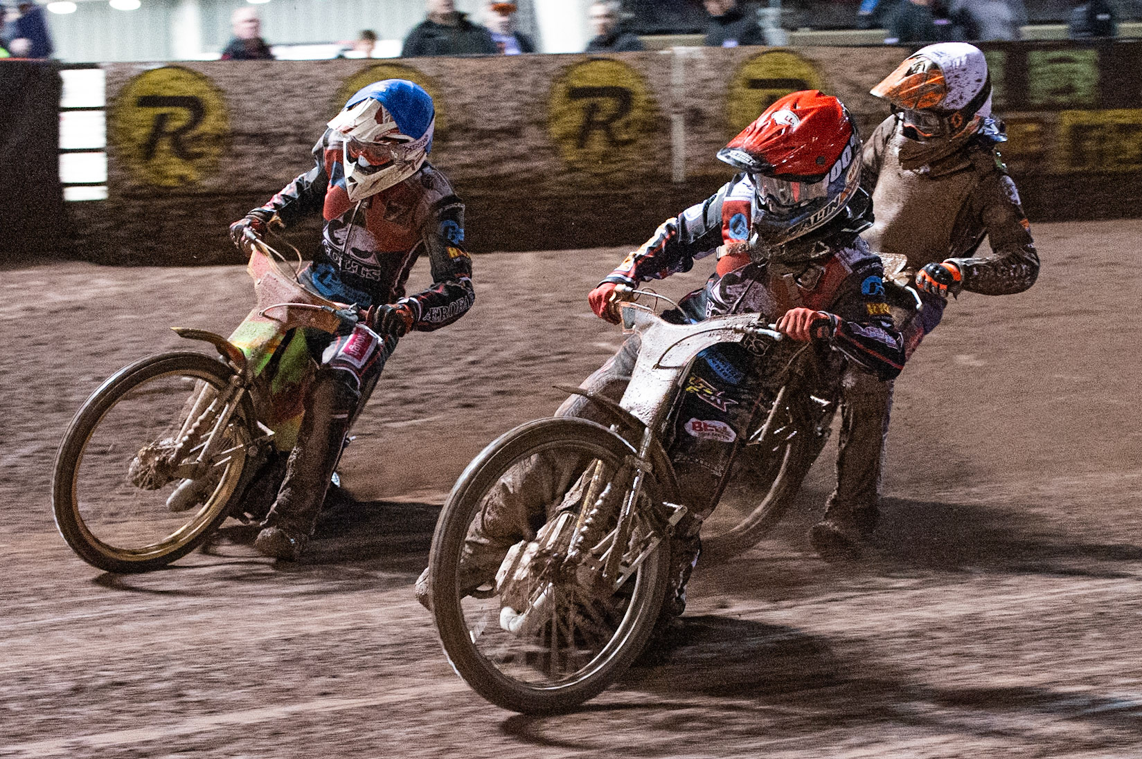Photo: Ian Charles

Jordan Palin  (Red) and Ben Woodhull   (Blue) lead Jason Edwards  (White)

Belle Vue Colts v Mildenhall Fen Tigers, National League, Belle Vue National Speedway Stadium, Manchester, Monday 2  September  2019
