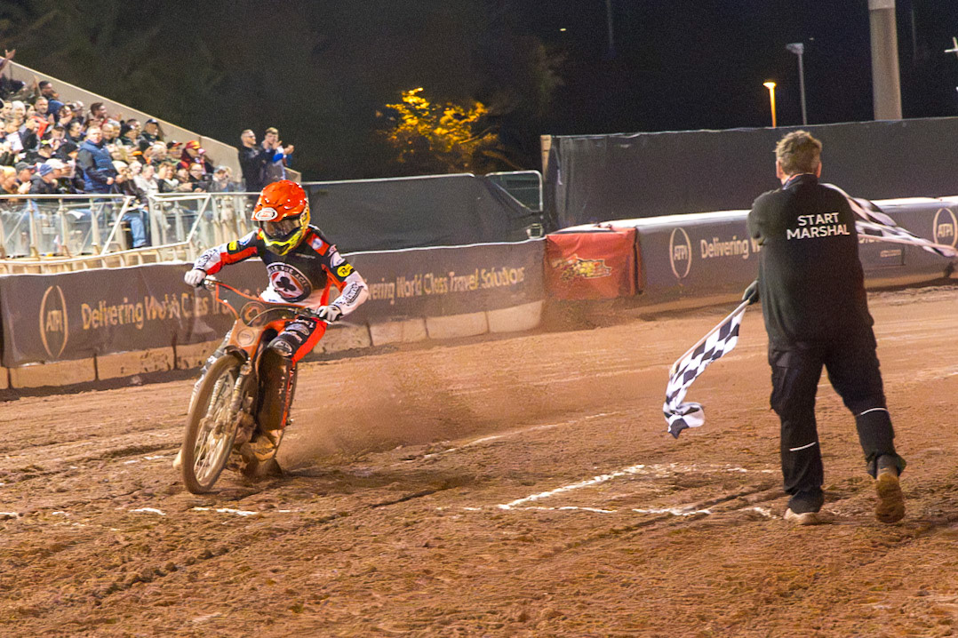 Nicolai Klindt, Guest Rider for Belle Vue Aces  takes the chequered flag in Heat 12 to win the Premiership Grand Final for the Aces with three Heats remaining during the Rowe Motor Oil Premiership Grand Final 2nd Leg between Belle Vue Aces and Sheffield Tigers at the National Speedway Stadium, Manchester on Friday 16th October 2026. (Photo: Ian Charles | MI News)