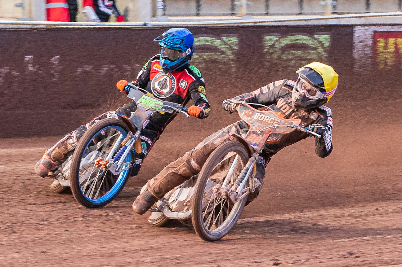 Photo by Ian Charles:

Luke Becker  (Yellow) inside Dimitri Bergé  (Blue)

Belle Vue Aces v Wolverhampton Wolves, SGB Premiership, National Speedway Stadium, Manchester, Monday, 19, August, 2019