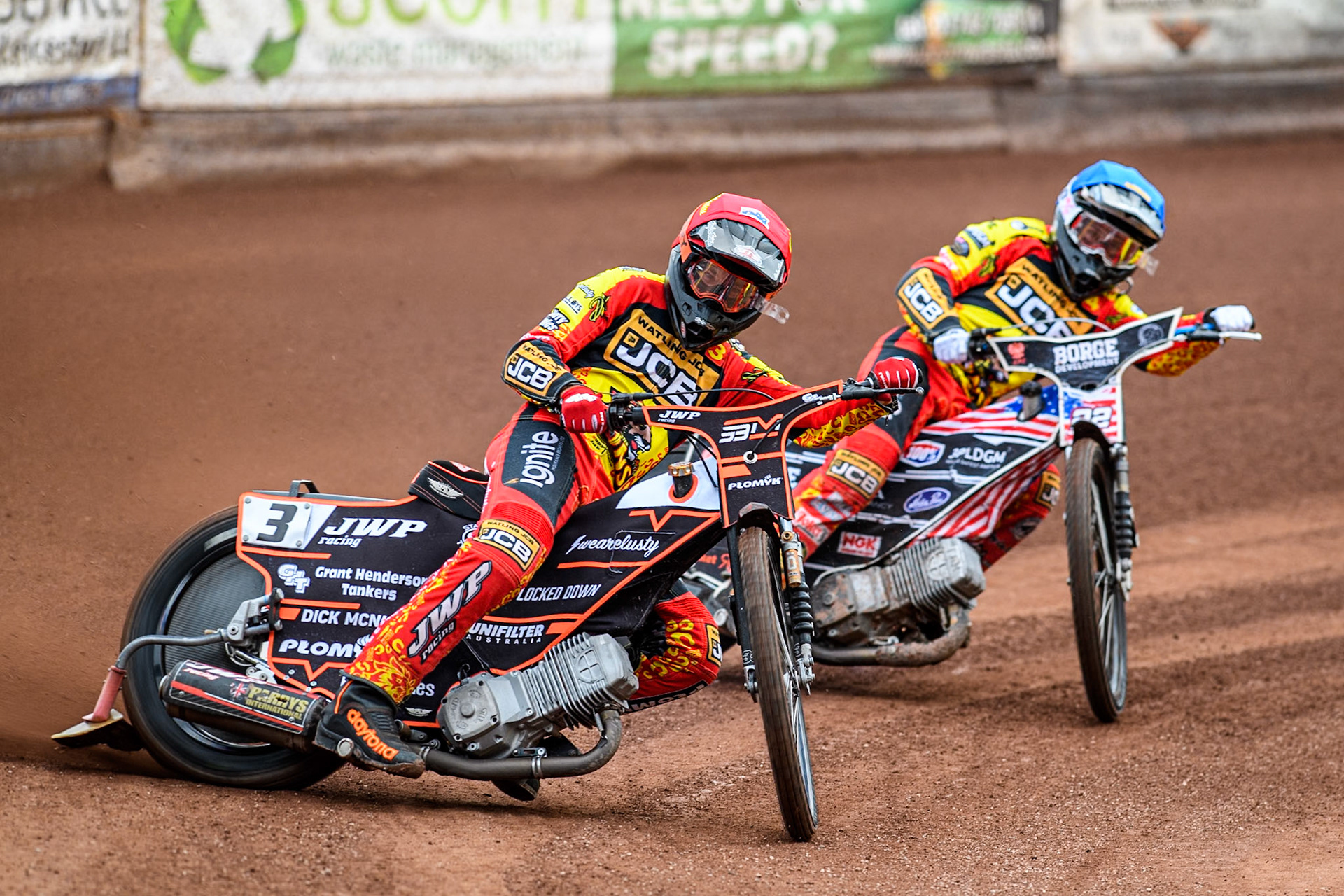 Leicester Lions' Sam Masters in Red leading team mate Luke Becker in Blue during the Rowe Motor Oil Premiership match between Leicester Lions and Belle Vue Aces at the Pidcock Motorcycles Arena, Leicester on Thursday 25th July 2024. (Photo: Ian Charles | MI News)
