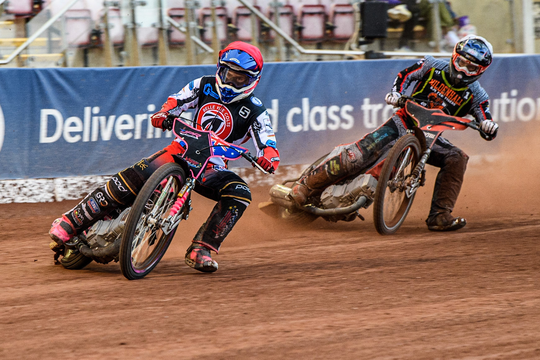 James Pearson (Red) leads Alfie Bowtell (White) during the National Development League match between Belle Vue Colts and Mildenhall Fens Tigers at the National Speedway Stadium, Manchester on Friday 26th May 2023. (Photo: Ian Charles | MI News)