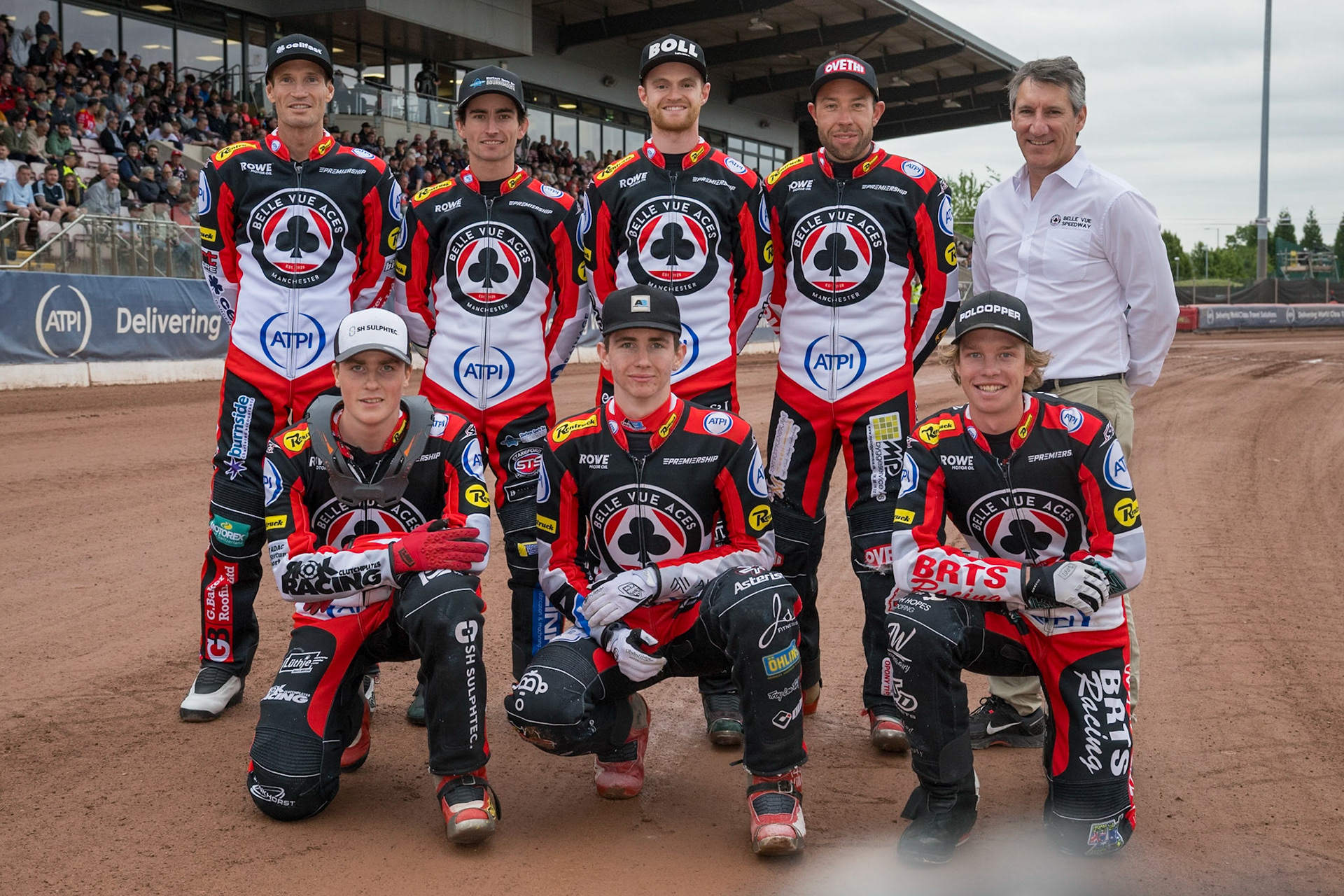 Belle Vue ATPI Aces: Rear (L to R): Jason Doyle, Zach Cook, Brady Kurtz, Peter Kildemand, Mark Lemon (Team Manager). Kneeling: (L to R) Norick Blödorn, William Cairns, Tate Zischke during the Rowe Motor Oil Premiership match between Belle Vue Aces and King's Lynn Stars at the National Speedway Stadium, Manchester on Monday 29th June 2026. (Photo: Ian Charles | MI News)