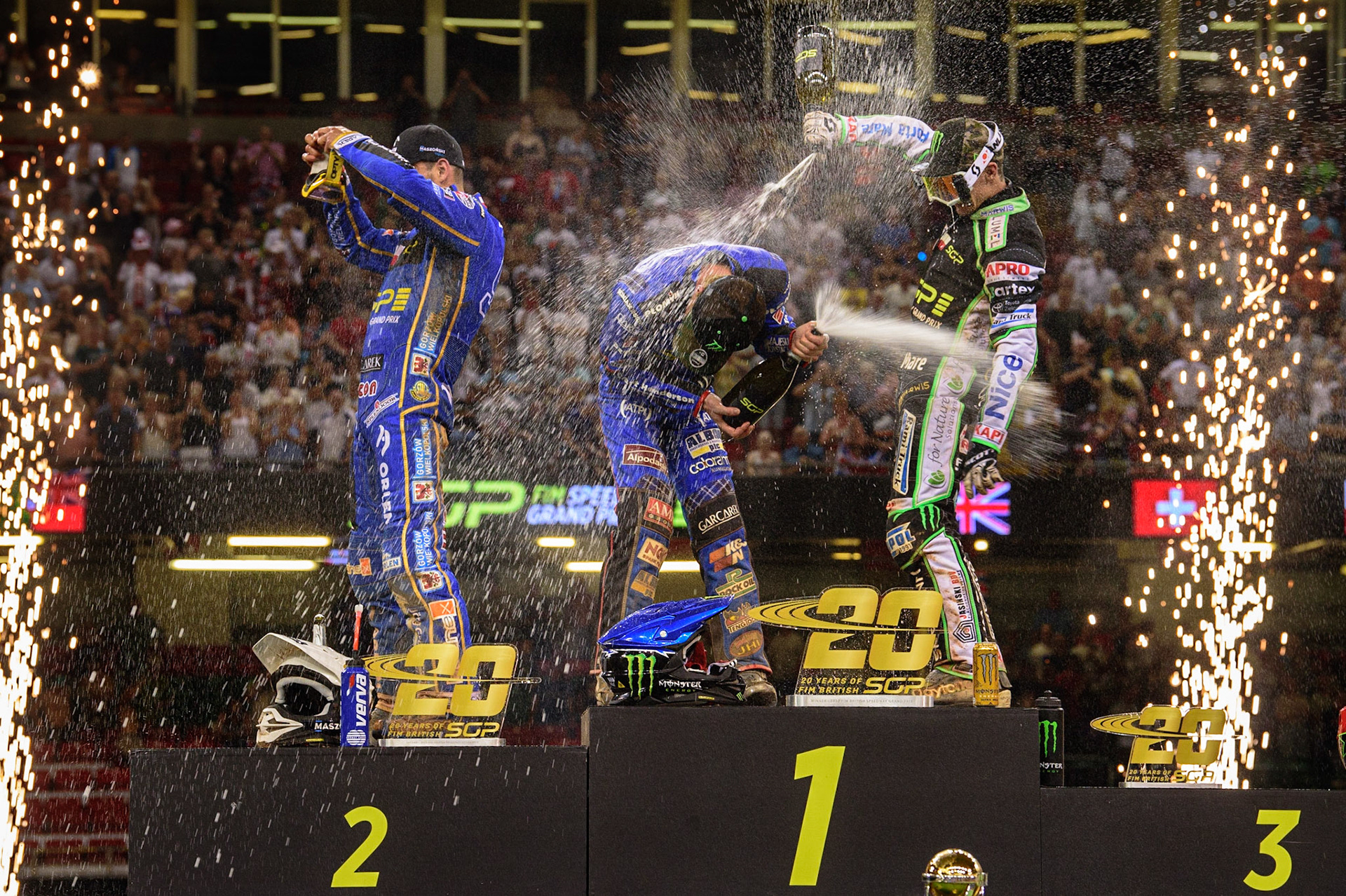 Champagne Capers on the Rostrum during the FIM  Speedway Grand Prix of Great Britain at the Principality Stadium, Cardiff on Saturday 13th August 2022. (Credit: Ian Charles | MI News