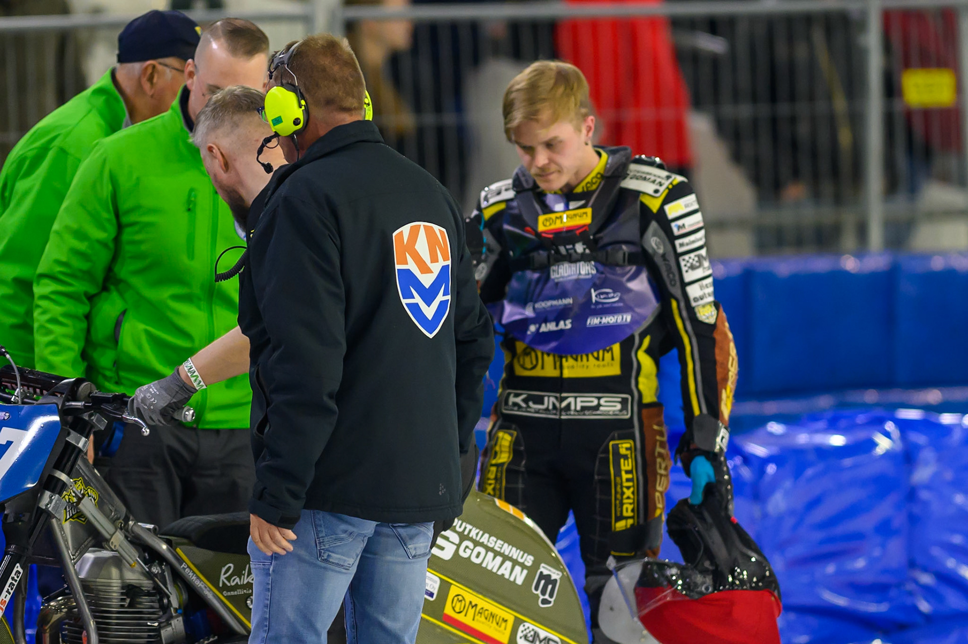 Heikki Huusko (67) of Finland  shaken but uninjured after his fall during the FIM Ice Speedway Gladiators World Championship Final 3 at Ice Rink Thialf, Heerenveen on Saturday 11th April 2026. (Photo: Ian Charles | MI News)