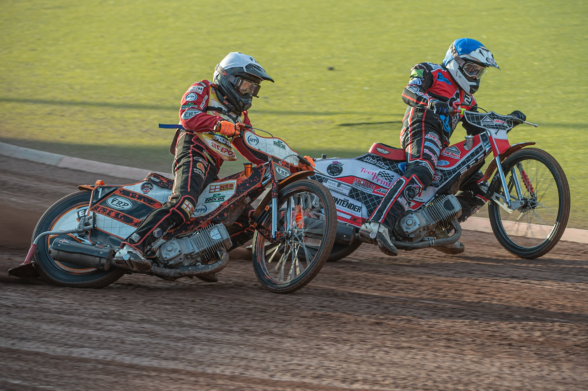 Photo: Ian Charles

Jack Smith  (White) outside Danny Phillips  (Blue)

Belle Vue Colts v Isle Of Wight Warriors, SGB National League KO Cup Quarter Final 1st Leg, Belle Vue National Speedway Stadium, Manchester, Monday 22  July  2019