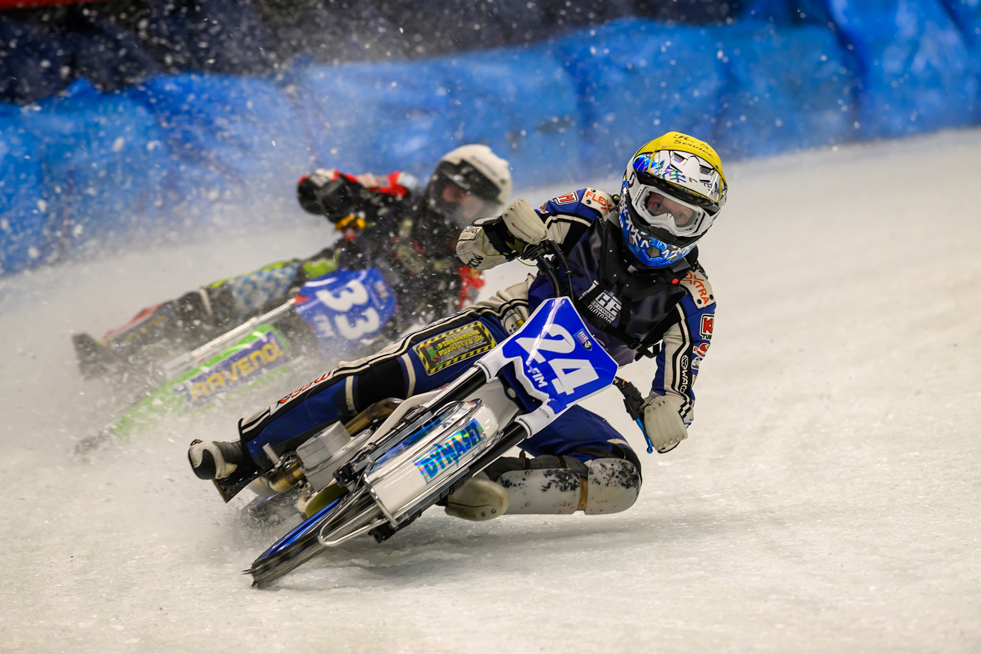 Max Koivula (24) of Finland  in Yellow leading Johann Weber (33) of Germany  in White during the Ice Speedway Gladiators World Championship Final 1 at Max-Aicher-Arena, Inzell on Saturday 14th March 2026. (Photo: Ian Charles | MI News)