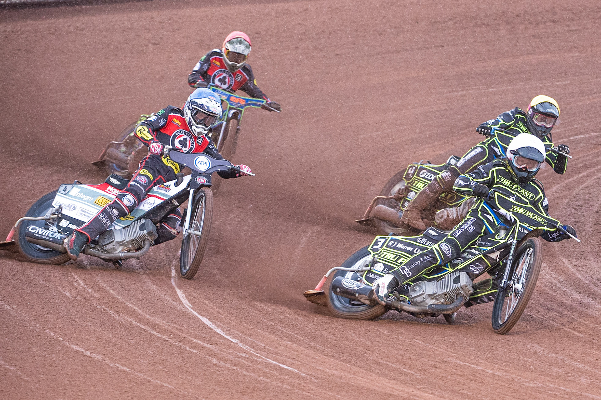Photo by Ian Charles

Danny King  (White) inside Steve Worrall  (Blue) with Cameron Heeps (Yellow) and Dan Bewley  (Red) behind


Belle Vue Aces v Ipswich Witches, British Speedway Premiership, Belle Vue National Speedway Stadium, Manchester, Monday 8  July  2019