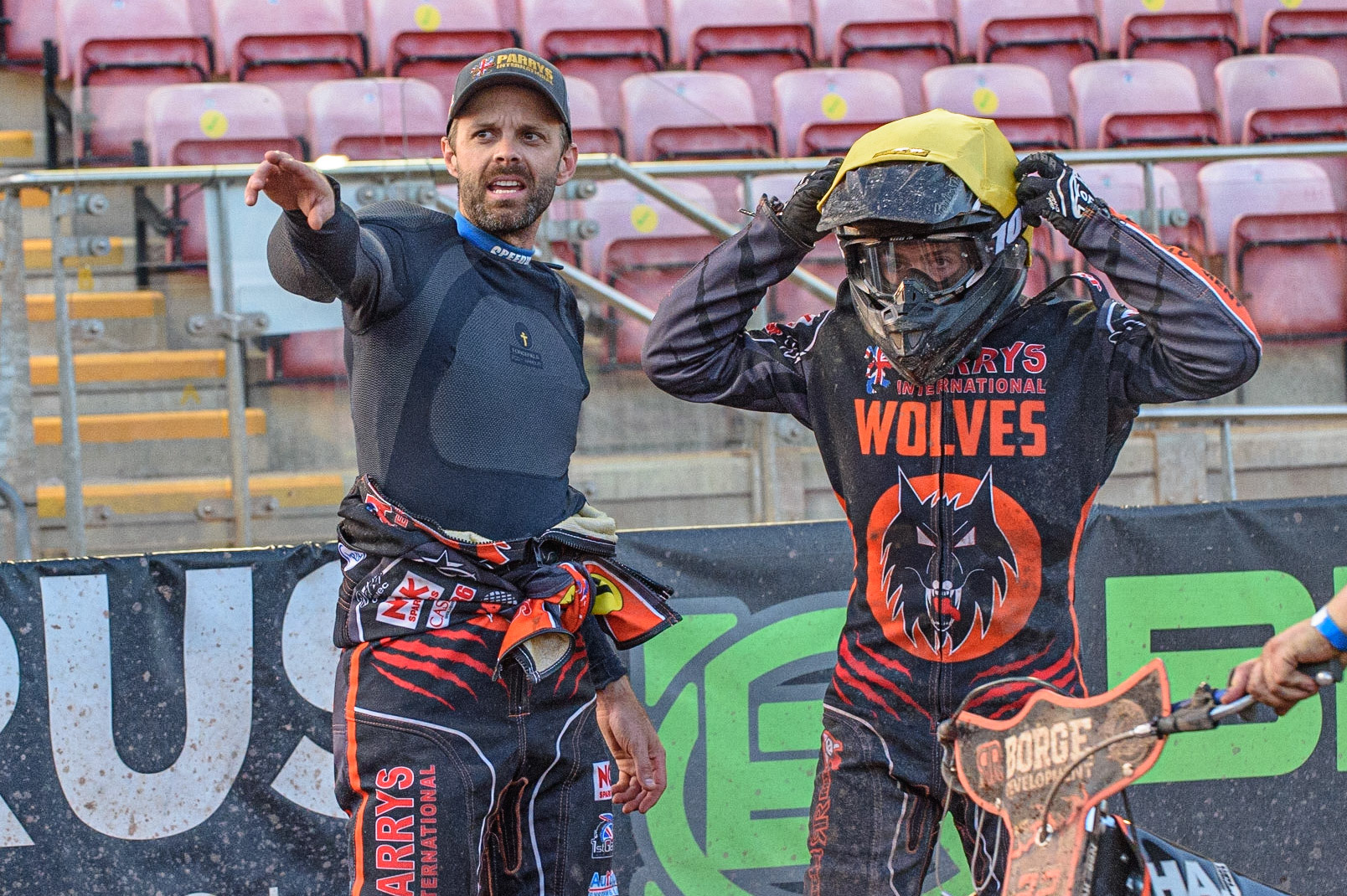 MANCHESTER, UK. JULY 15TH   Rory Schlein (left) passes on some advice to Luke Becker  during the SGB Premiership match between Belle Vue Aces and Wolverhampton Wolves at the National Speedway Stadium, Manchester on Thursday 15th July 2021. (Credit: Ian Charles | MI News)