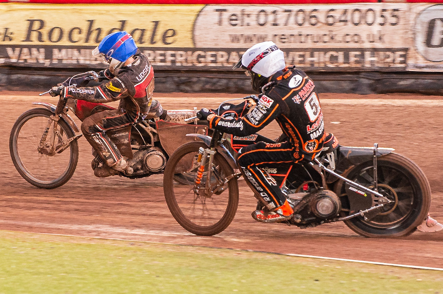 Photo by Ian Charles:

Jaimon Lidsey  (Blue) leads Sam Masters  (White)

Belle Vue Aces v Wolverhampton Wolves, SGB Premiership, National Speedway Stadium, Manchester, Monday, 19, August, 2019