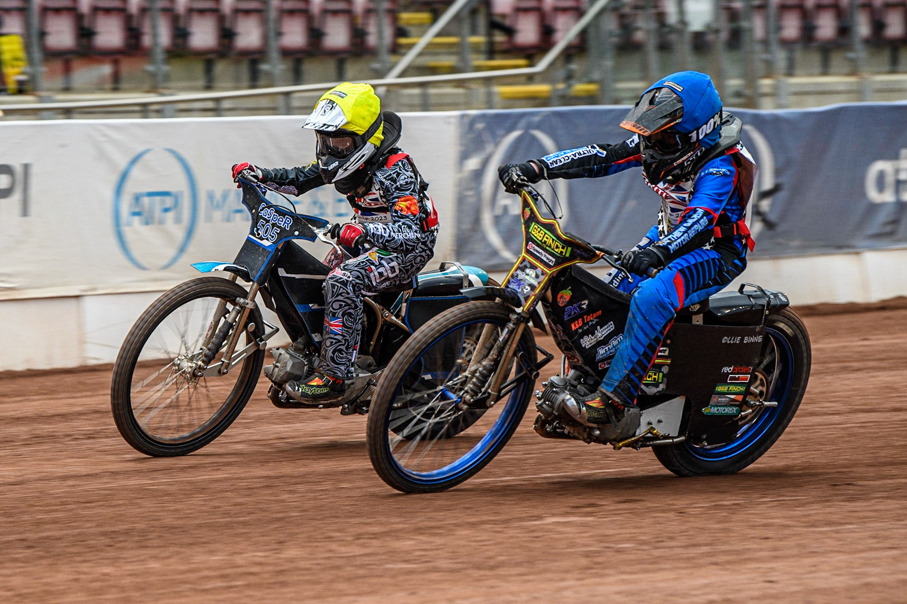 Oliver Binns  (Blue) inside Casper Kluczniak  (Yellow) during the British Youth Championships at the National Speedway Stadium, Manchester on Friday 12th May 2023. (Photo: Ian Charles | MI News)
