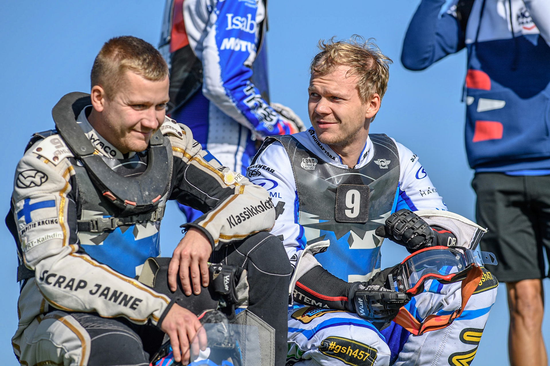 Henri Ahlbom (Left) and team mate Jesse Mustonen chat during the FIM Long Track Of Nations event at the Speed Centre Roden on Sunday 24th September 2023. (Photo: Ian Charles | MI News)