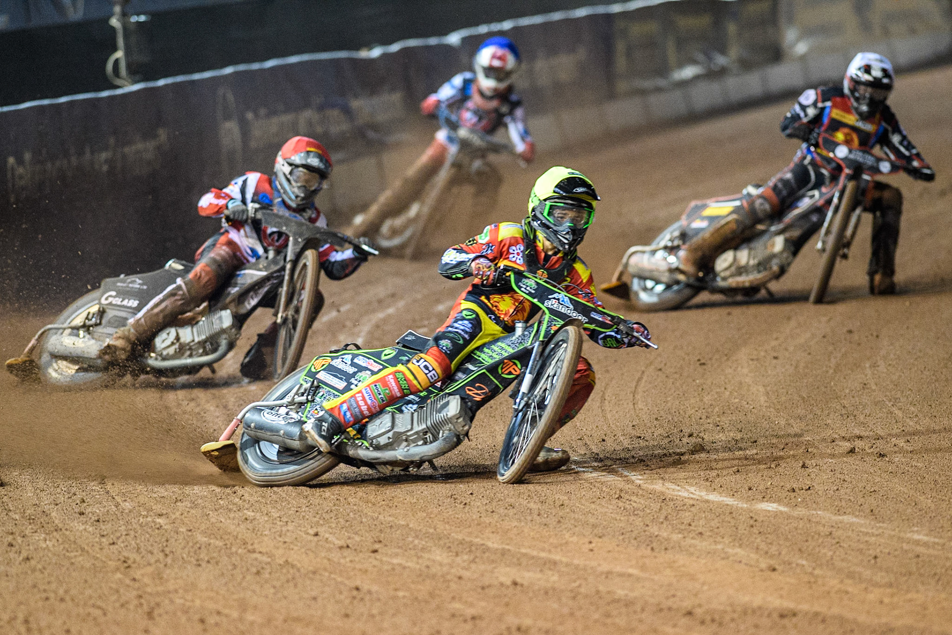 Max Perry (Yellow) and Ben Morley (White) lead Sam McGurk (Red) and Freddy Hodder (Blue) during the National Development League match between Belle Vue Colts and Leicester Lion Cubs at the National Speedway Stadium, Manchester on Friday 8th September 2023. (Photo: Ian Charles | MI News)