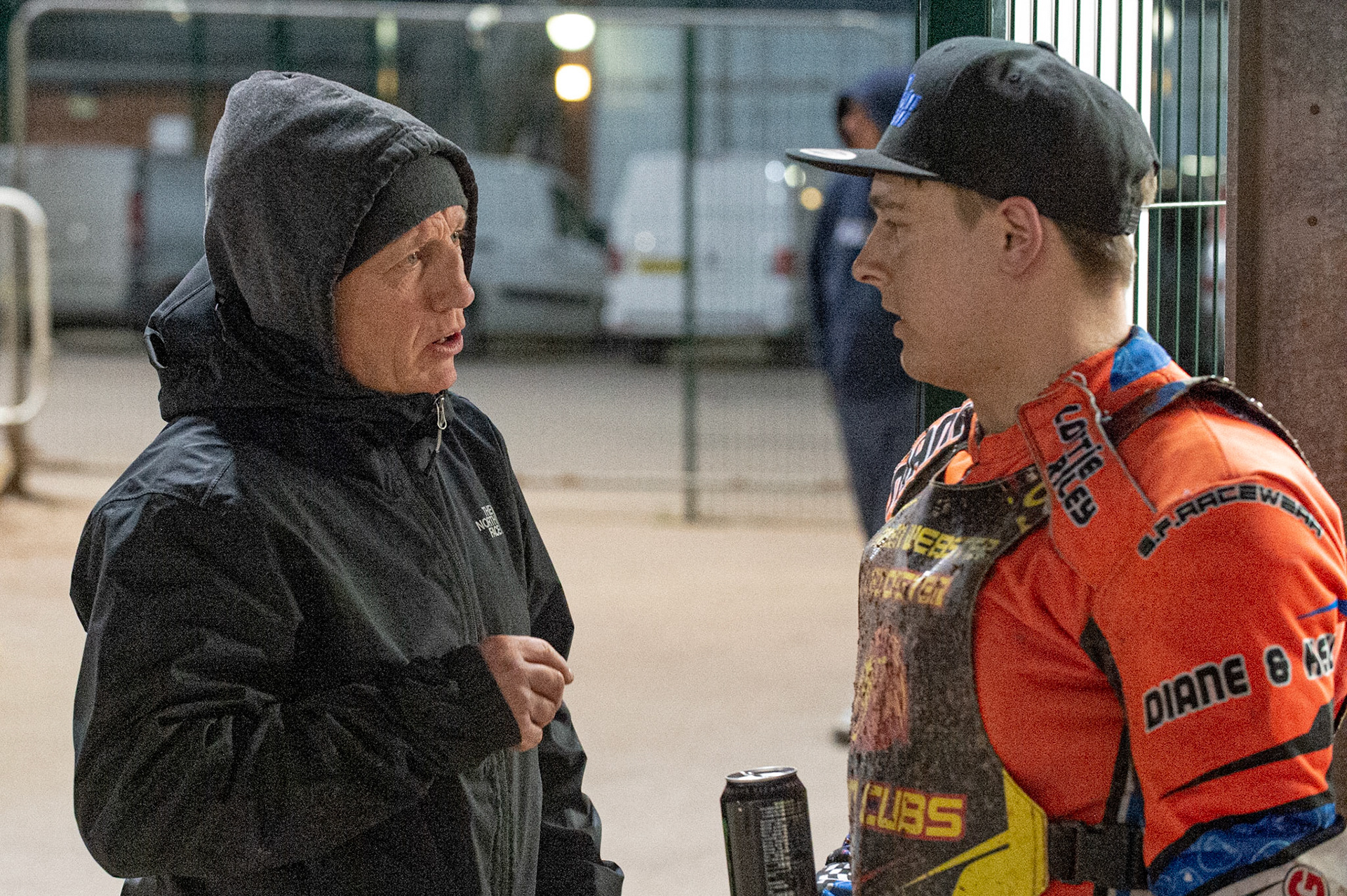 Photo: Ian Charles

Josh Embleton  (right) chats with his mentor Sean Wilson (former Sheffield & England rider)

Belle Vue Colts v Leicester Lion Cubs, SGB National League KO Cup Final (2nd Leg), Belle Vue National Speedway Stadium, Manchester, Tuesday 29  October  2019