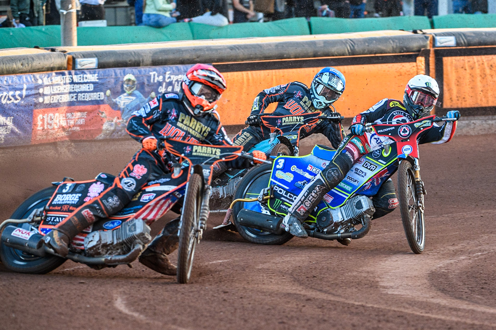 Luke Becker (Red) leads Jaimon Lidsey (White) and Ryan Douglas (Blue) during the Sports Insure Premiership match between Wolverhampton Wolves and Belle Vue Aces at Monmore Green Stadium, Wolverhampton on Monday 29th May 2023. (Photo: Ian Charles | MI News)