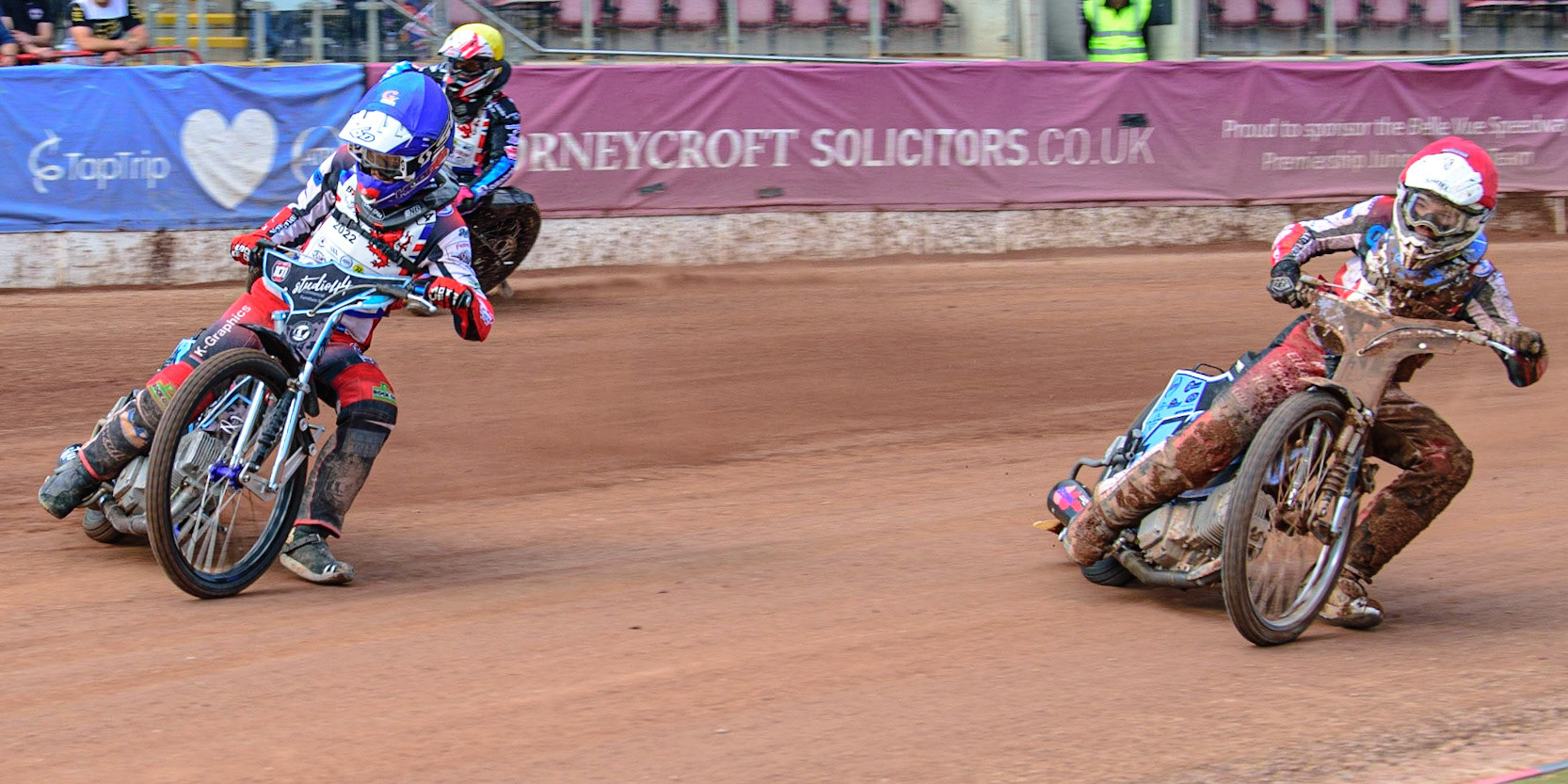 MANCHESTER, UK. JUN 3RD Freddy Hodder (44)  (Blue) leads Sam McGurk (116) (Red) and Owen Booth (72) (Yellow) during the British Youth Speedway Championship (Round 4)  at the National Speedway Stadium, Manchester on Friday 3rd June 2022. (Credit: Ian Charles | MI News)