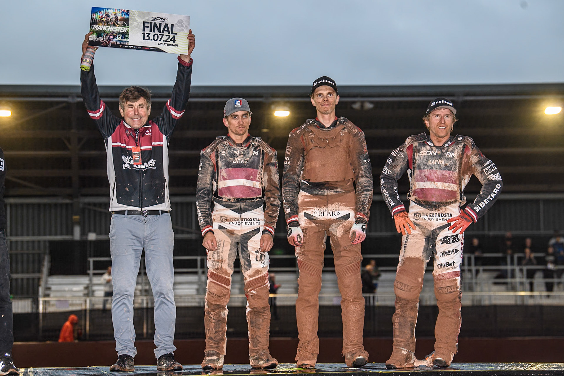 Latvia - third place: (L to R) Latvia's Team manager, Vladimir Ribnikovs, Francis Gusts, Daniils Kolodinskis and Andzejs Lebedevs (Team Captain) during the Monster Energy FIM Speedway of Nation Semi Final 2 at the National Speedway Stadium, Manchester on Wednesday 10th July 2024. (Photo: Ian Charles | MI News)