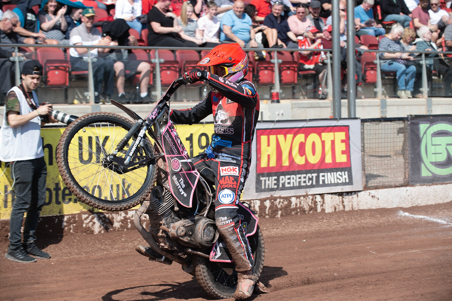 Photo: Ian Charles

Leon Flint pulls a wheelie 

Belle Vue Colts v Stoke Potters, National League, Belle Vue National Speedway Stadium, Manchester, Friday 19  April  2019