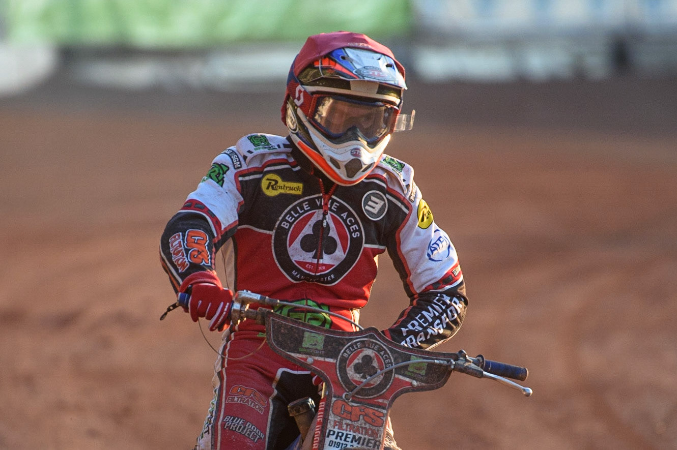 MANCHESTER UKSteve Worrall  after his heat win during the SGB Premiership match between Belle Vue Aces and Ipswich Witches at the National Speedway Stadium, Manchester on Monday 2nd August 2021. (Credit: Ian Charles | MI News)