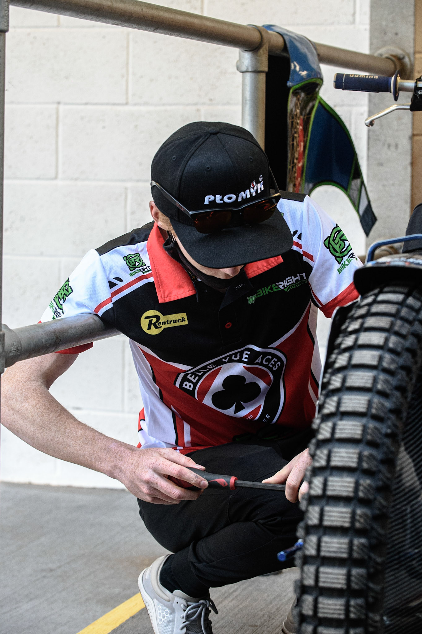 MANCHESTER, UK. MAY 31ST  Belle Vue BikeRight Aces  rider Dan Bewley  works on his bike during the SGB Premiership match between Belle Vue Aces and Peterborough at the National Speedway Stadium, Manchester on Monday 31st May 2021. (Credit: Ian Charles | MI News)