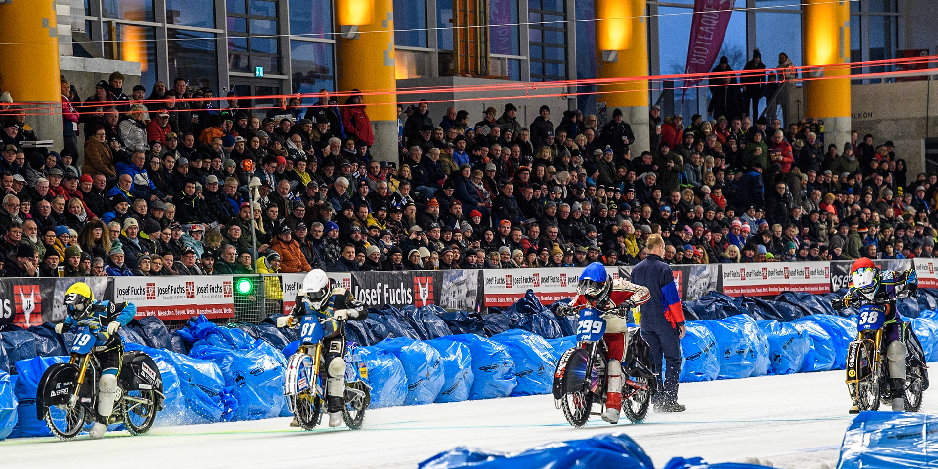Start of Heat 9: (L to R) Filip Jäger (719) of Sweden in Yellow, \Jimmy Olsén (81) of Sweden in White, Martin Posch (299) of Austria in Blue and Maximilian Niedermaier (38) of Germany in Red during the Ice Speedway Gladiators World Championship Final 1 at Max-Aicher-Arena, Inzell on Saturday 15th March 2025. (Photo: Ian Charles | MI News)
