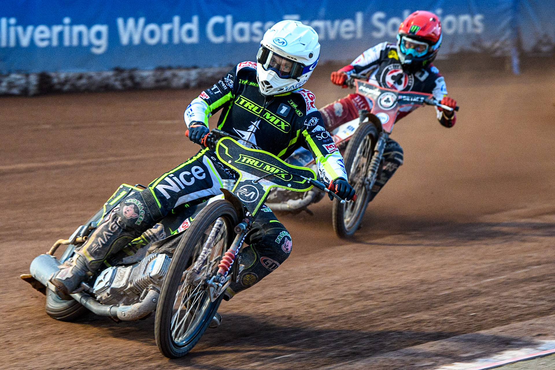 Emil Sayfutdinov (White) leads Dan Bewley (Red) during the Sports Insure Premiership match between Belle Vue Aces and Ipswich Witches at the National Speedway Stadium, Manchester on Monday 17th July 2023. (Photo: Ian Charles | MI News)