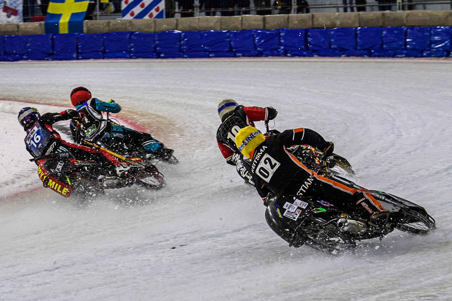 The Final: Filip Jäger of Sweden in Red leading Jasper Iwema of The Netherlands in Blue, Jo Saetre of Norway in White and Sebastian Reitsma of The Netherlands in Yellow during the Roelof Thijs Bokaal at Ice Rink Thialf, Heerenveen, The Netherlands on Friday 5th April 2024. (Photo: Ian Charles | MI News)