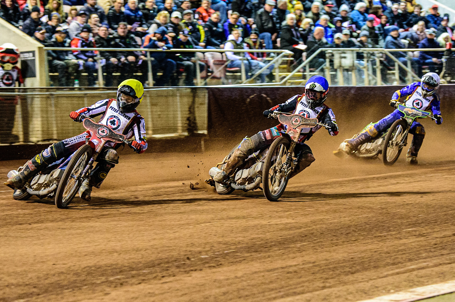 Jaimon Lidsey  (Blue) leads Kye Thompson  (White) and Brady Kurtz  (Yellow) during the Peter Craven Memorial Trophy  at the National Speedway Stadium, Manchester on Monday 3rd April 2023. (Photo: Ian Charles | MI News)