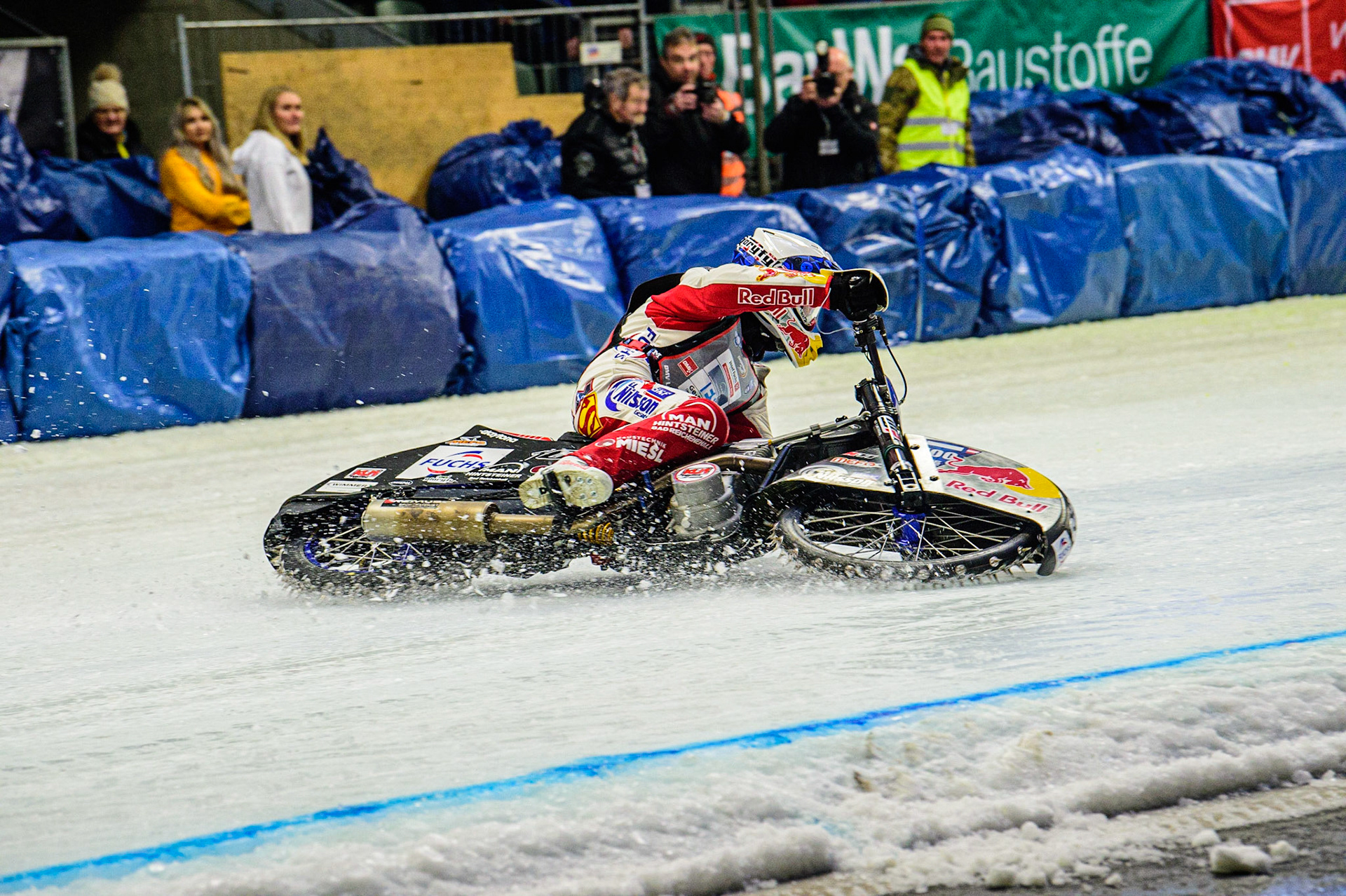 Franz Zorn (100) does a celebratory do-nut during the Ice Speedway Gladiators World Championship Final 2 at Max-Aicher-Arena, Inzell, Germany on Sunday 19th March 2023. (Photo: Ian Charles | MI News)