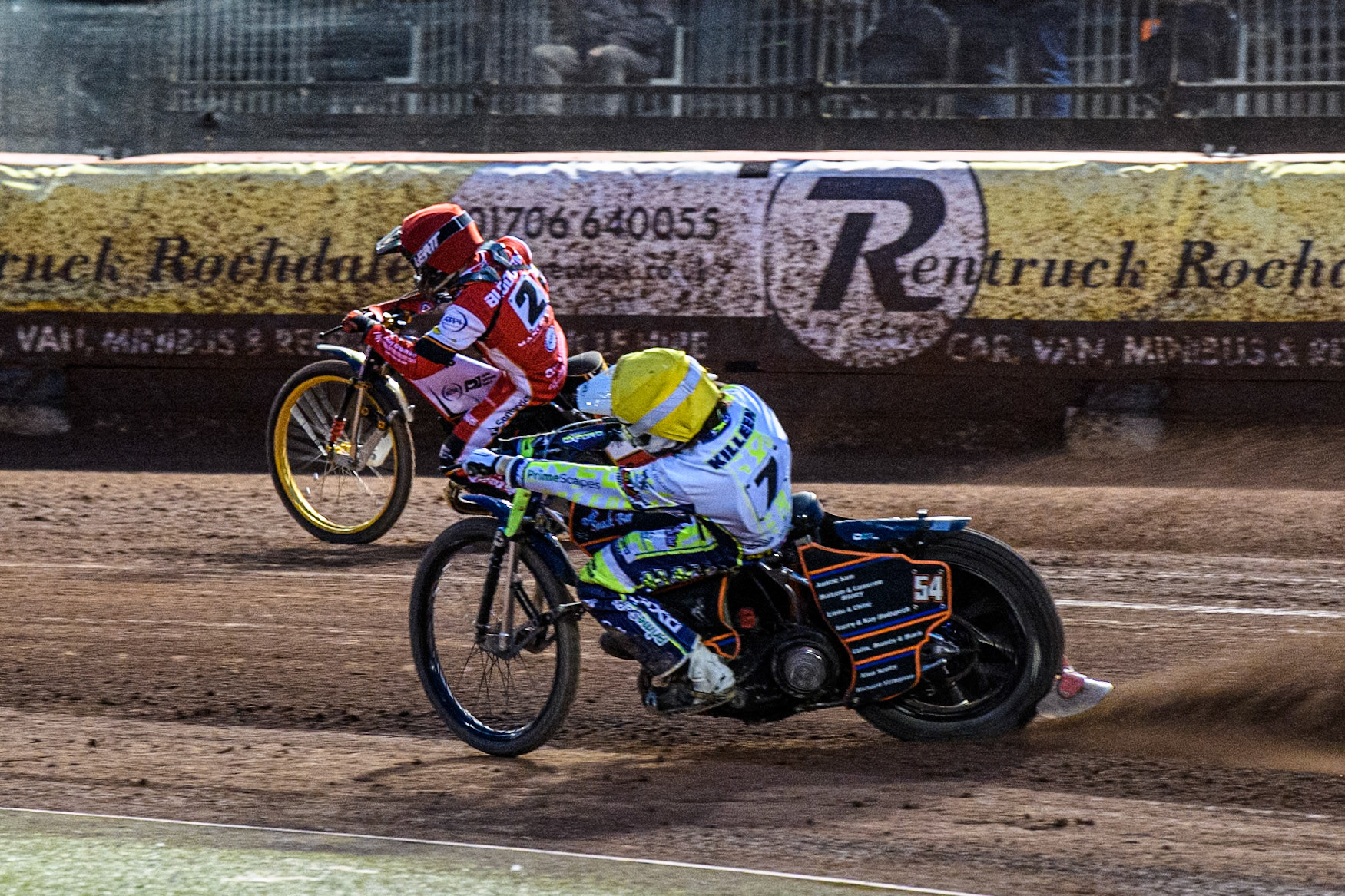 Oxford Spires' Luke Killeen in Yellow rides inside Belle Vue Aces' Norick Blodorn in Red during the Rowe Motor Oil Premiership match between Belle Vue Aces and Oxford Spires at the National Speedway Stadium, Manchester on Monday 14th April 2025. (Photo: Ian Charles | MI News)