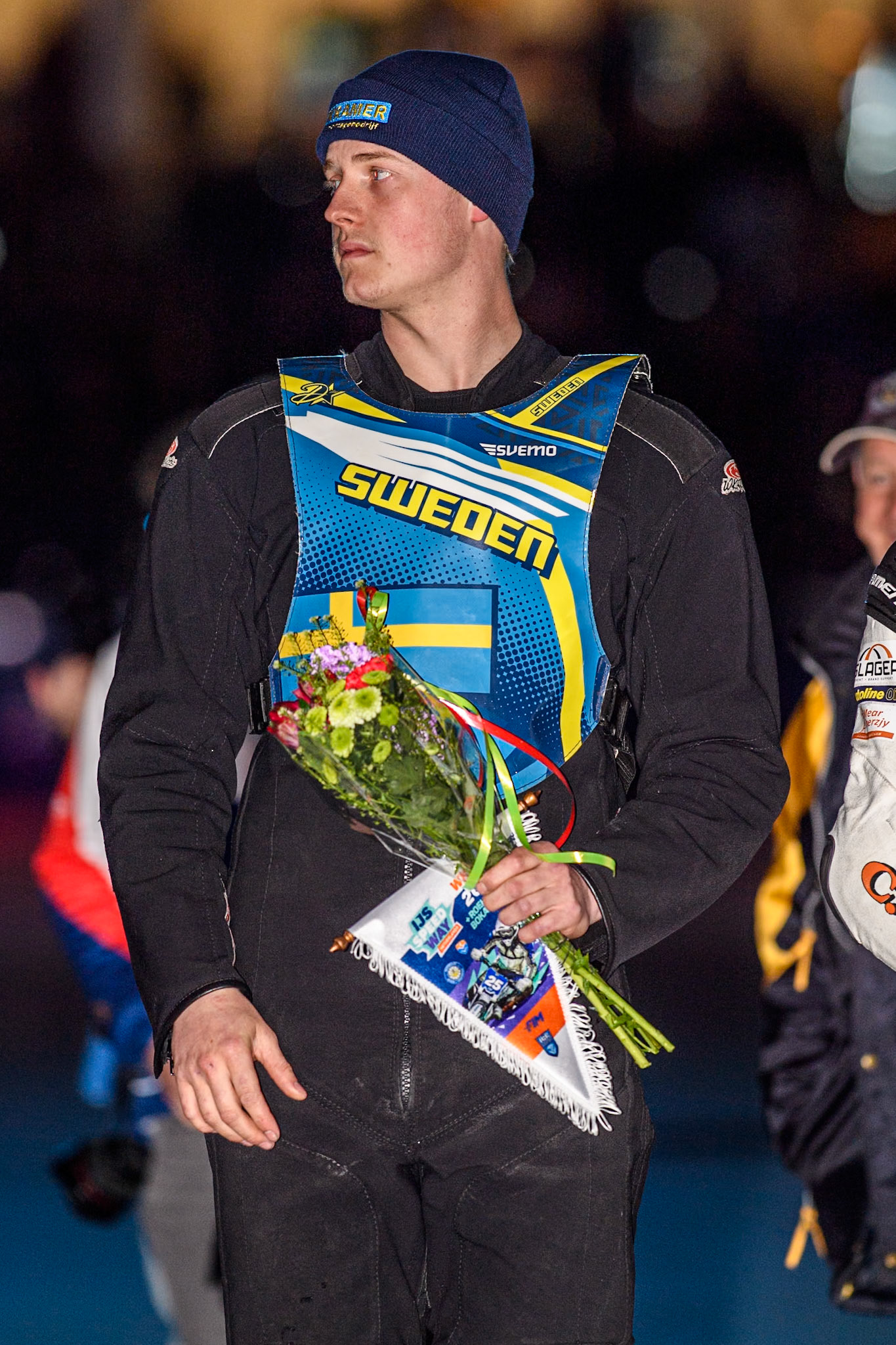 Reserve Leon Kramer (18) of The Netherlands (Leon is Dutch, but races on a Swedish Licence, hence the Sweden Race Jacket) during the FIM Ice Speedway Gladiators World Championship, Final 3 at the Ice Stadium, Thialf, Heerenveen on Saturday 5th April 2025. (Photo: Ian Charles | MI News)