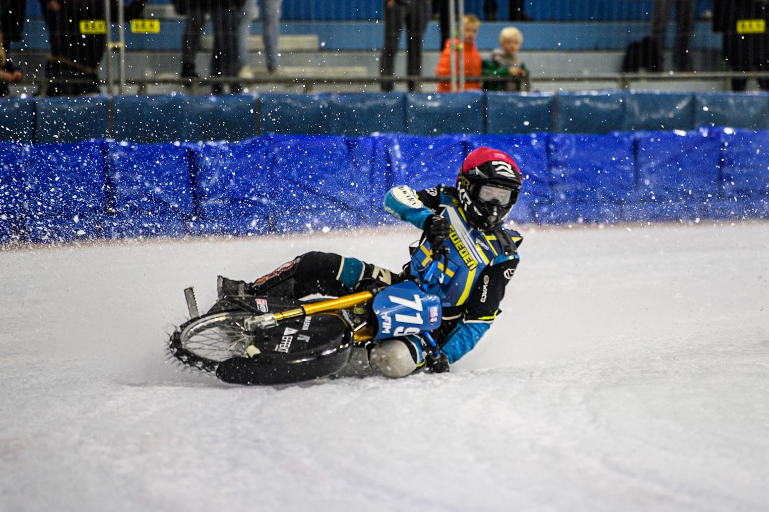 Filip Jäger (719) of Sweden in Red loses control of his bike in the re-run of Heat 17 during the FIM Ice Speedway Gladiators World Championship, Final 4 at the Ice Stadium, Thialf, Heerenveen on Sunday 6th April 2025. (Photo: Ian Charles | MI News)
