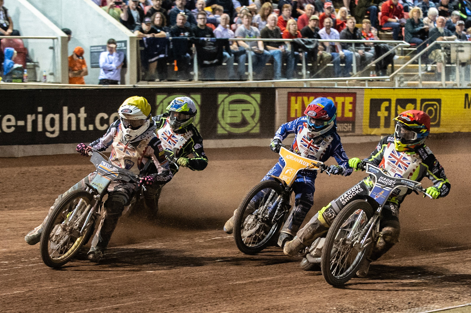 Photo: Ian Charles

Danny Ayres (Yellow) leads Chris Harris (White), Edward Kennett (Red) and Lewis Kerr (Blue)

Sports Insure British Final,  Belle Vue National Speedway Stadium, Manchester Monday 29  July  2019