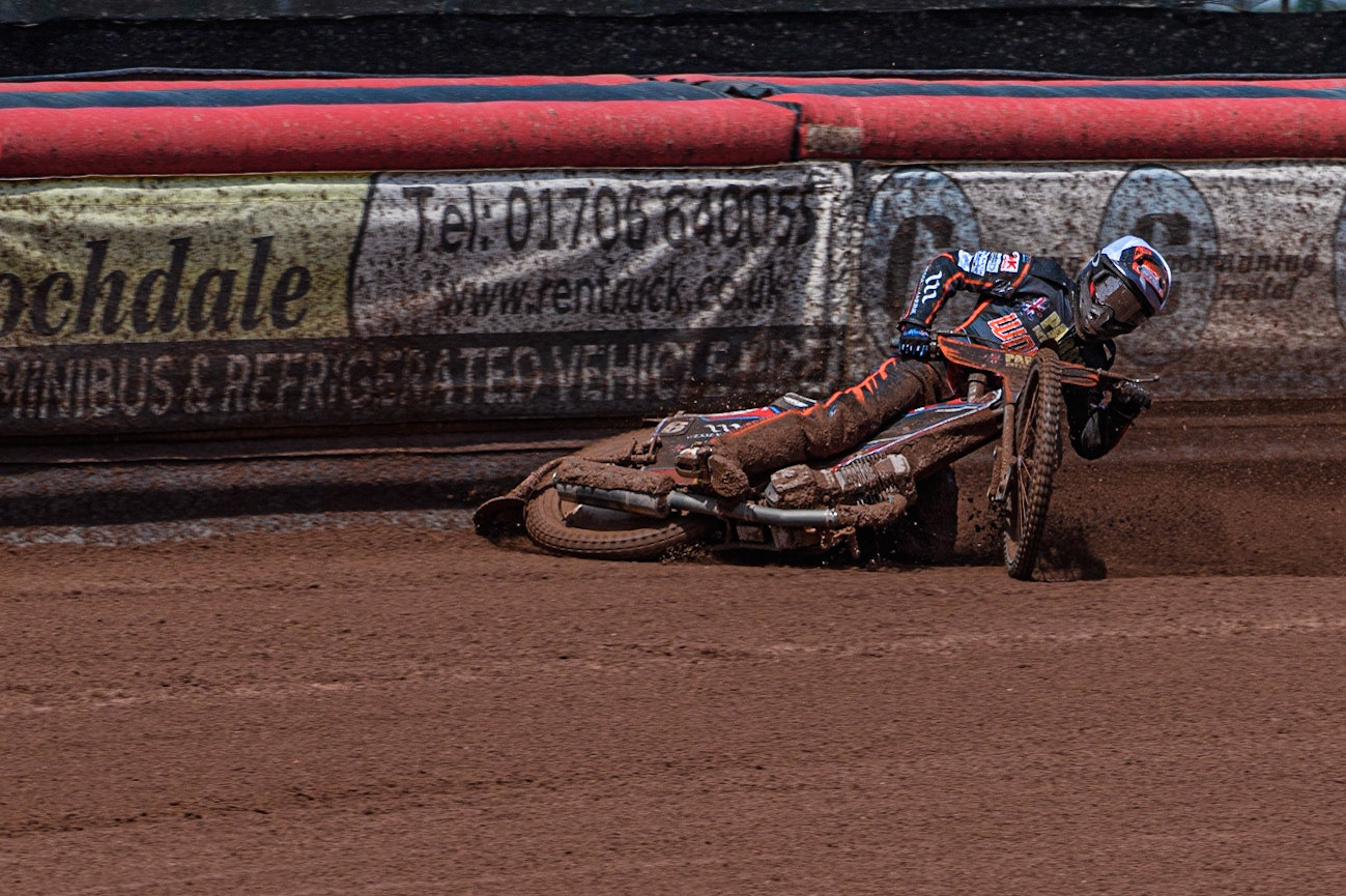 Zach Cook slides off during the Sports Insure Premiership match between Belle Vue Aces and Wolverhampton Wolves at the National Speedway Stadium, Manchester on Monday 29th May 2023. (Photo: Ian Charles | MI News)