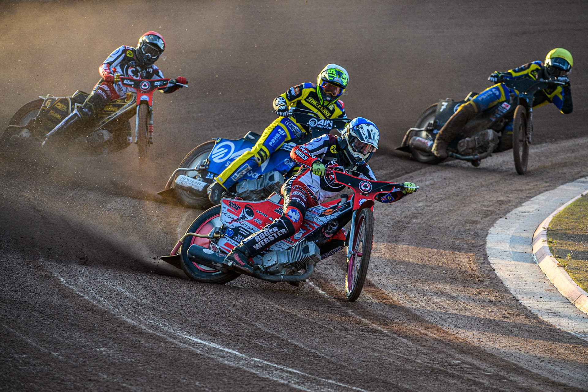 Connor Bailey (Blue) leads Lewis Kerr  (White), Norick Blodorn (Red) and Dan Gilkes (Yellow) during the Sports Insure Premiership match between Belle Vue Aces and Sheffield Tigers at the National Speedway Stadium, Manchester on Monday 7th August 2023. (Photo: Ian Charles | MI News)