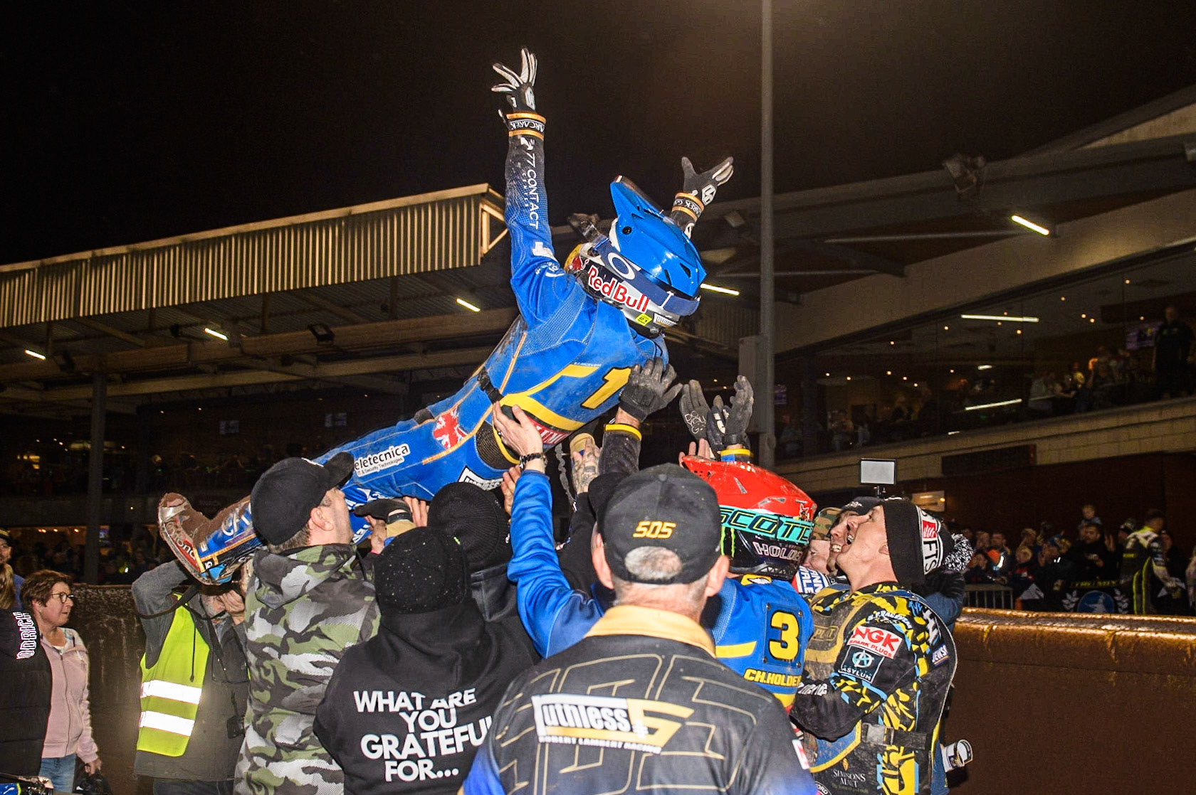Robert Lambert gets the bumps after his match winning ride during the Sports Insure Premiership Grand Final Second Leg match between Sheffield Tigers and Ipswich Witches at Owlerton Stadium, Sheffield on Thursday 5th October 2023. (Photo: Ian Charles | MI News)