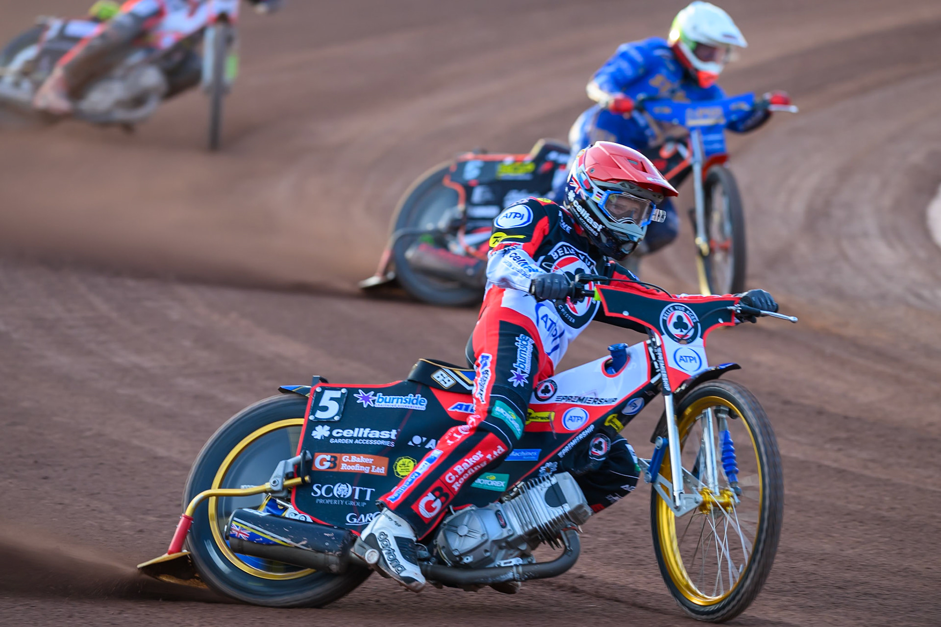 Jason Doyle of Belle Vue Aces in Red leading Jan Kvech of Kings Lynn Stars in White during the Rowe Motor Oil Premiership match between Belle Vue Aces and King's Lynn Stars at the National Speedway Stadium, Manchester on Monday 10th August 2026. (Photo: Ian Charles | MI News)