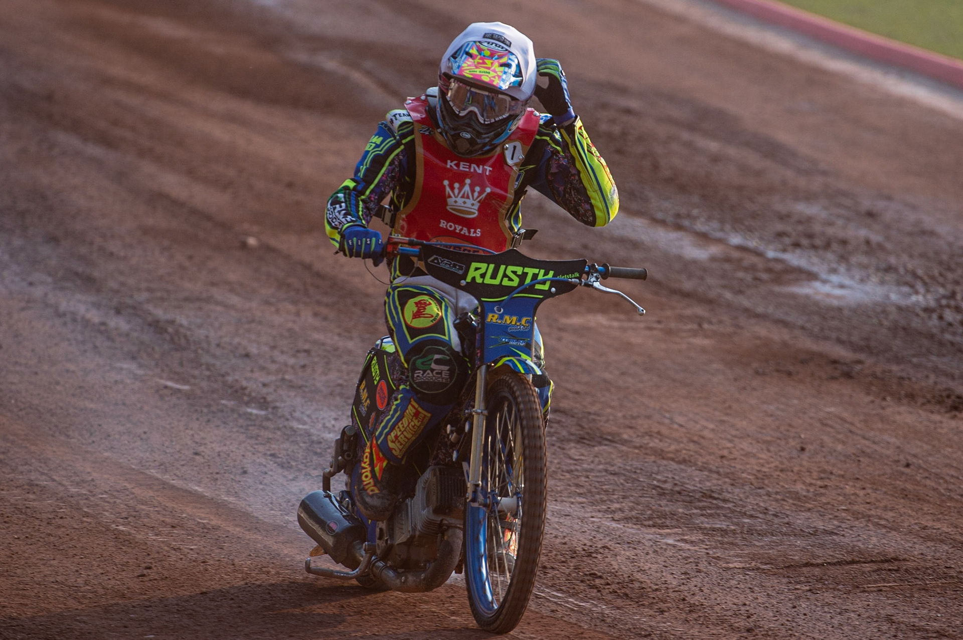 MANCHESTER, UK. JULY 2ND  Ryan Kinsley  acknowledges the fans after his win during the National Development League match between Belle Vue Colts and Kent Royals at the National Speedway Stadium, Manchester on Friday 2nd July 2021. (Credit: Ian Charles | MI News)