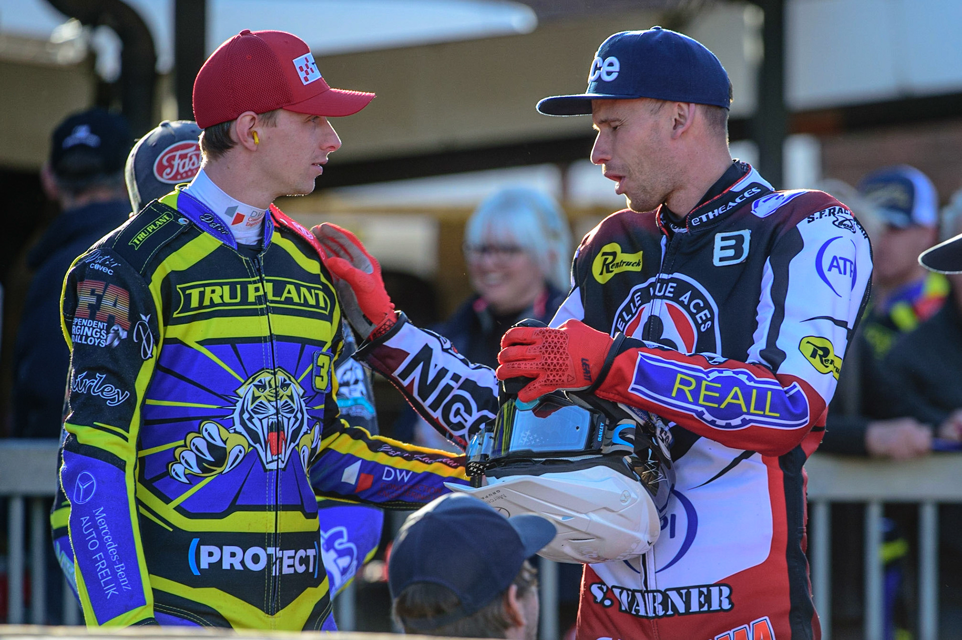 SHEFFIELD, UK. MAY 26TH  Tobiasz Musielak  (left) with Matej Žagar  during the SGB Premiership match between Sheffield Tigers and Belle Vue Aces at Owlerton Stadium, Sheffield on Thursday 26th May 2022. (Credit: Ian Charles | MI News)