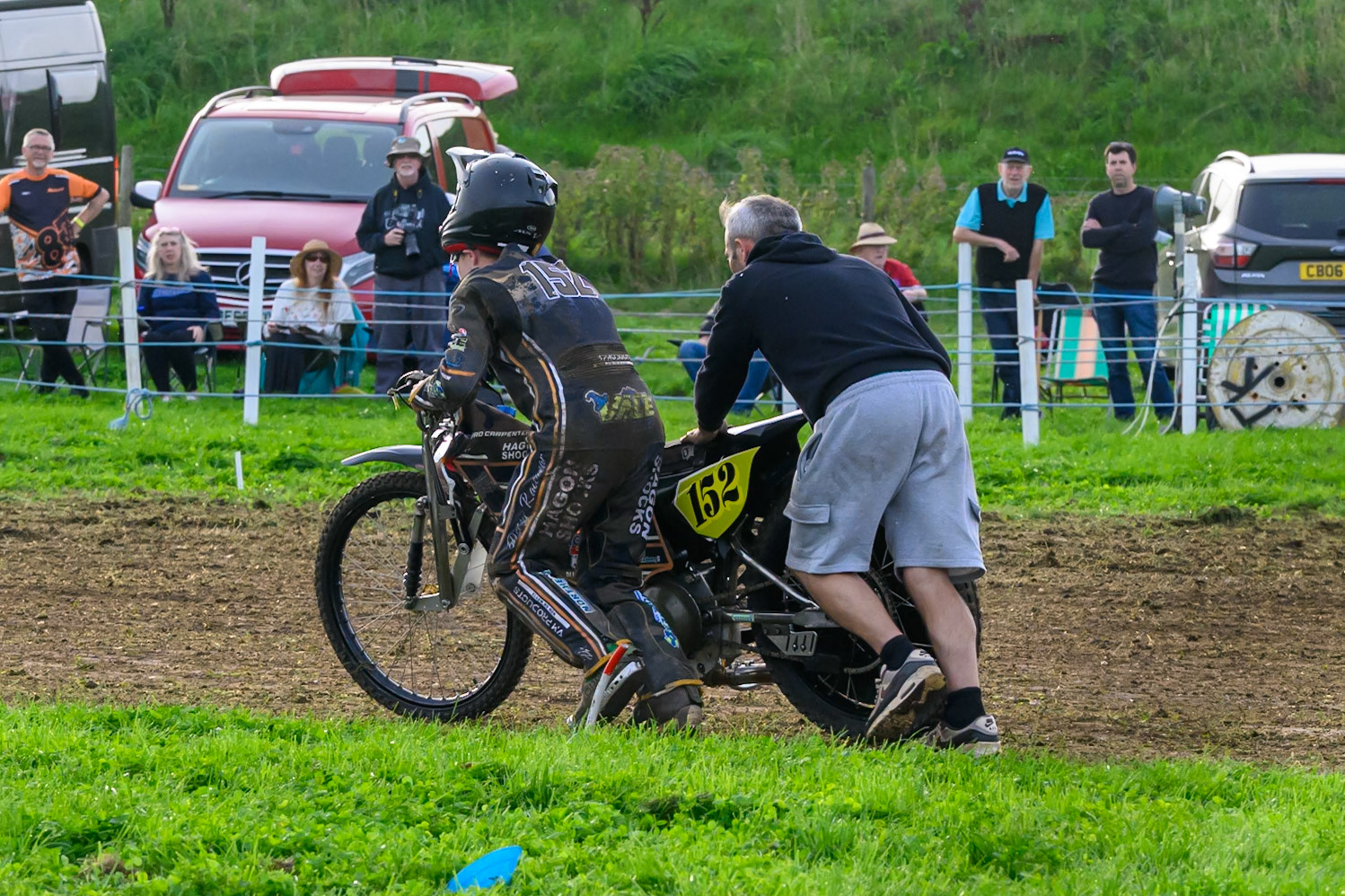 British Masters (Solos): Ashton Vale (152)  tries to restart his bike to ride back to the pits after his fall during the British Masters Grasstrack Championship at Lower Marsh Farm, Much Hoole, Preston in Lancashire, England on Sunday 13th September 2026. (Photo: Ian Charles | MI News)