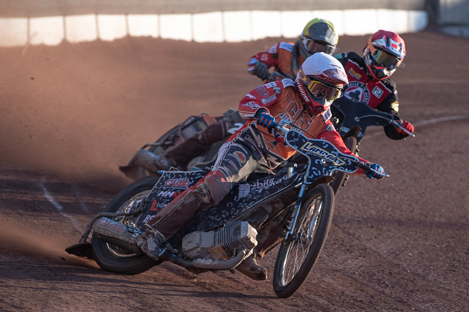 Photo: Ian Charles

Dawid Lampard  (White) leads Ricky Wells  (Blue) and Zach Wajtknecht (Yellow)

Belle Vue Aces v Swindon Robins, British Speedway Premiership, Belle Vue National Speedway Stadium, Manchester, Monday 20  May  2019