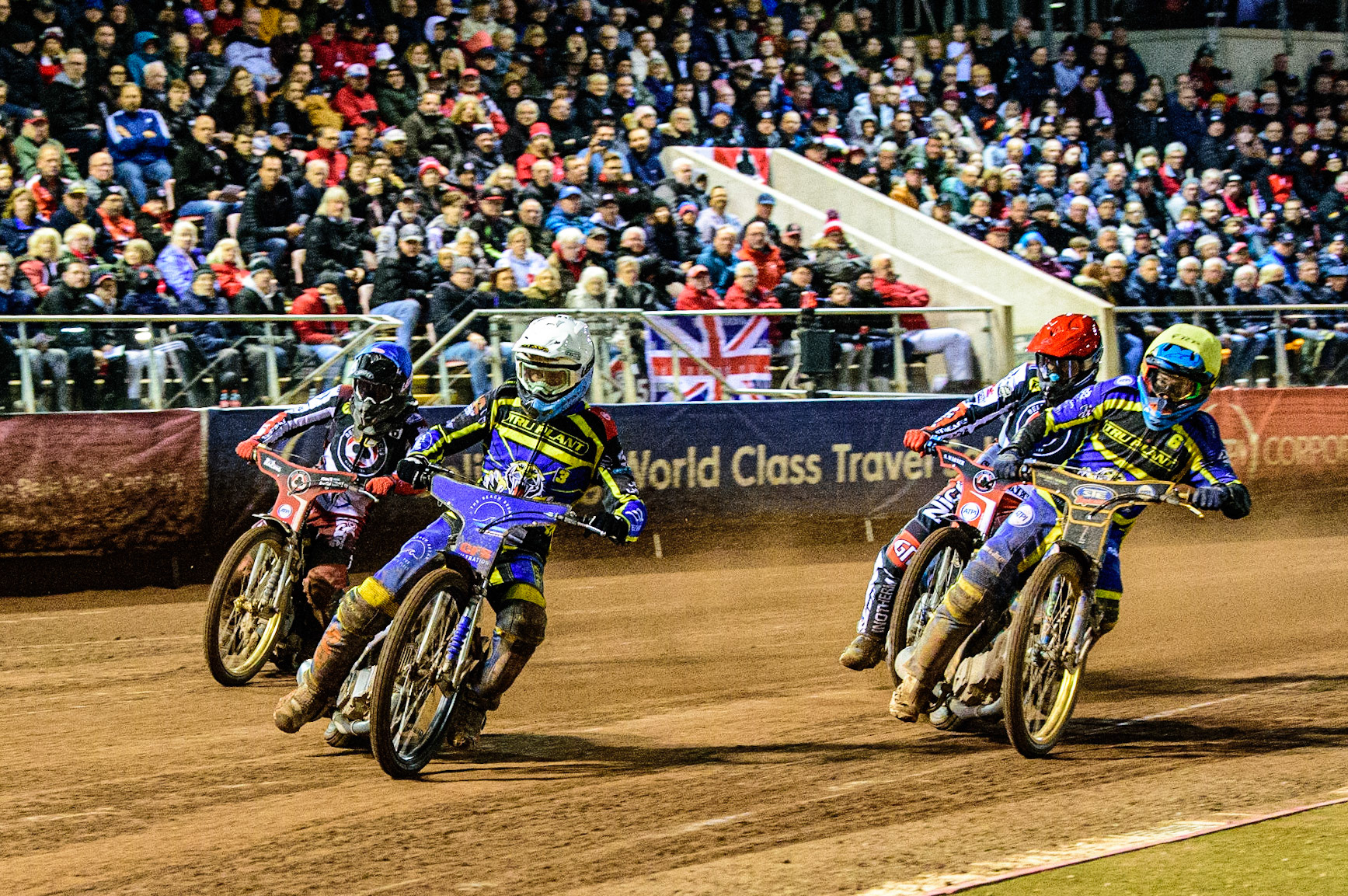 Adam Ellis  (White) leads Justin Sedgmen  (Yellow), Matej Zagar  (Red) and Norick Blödorn  (Blue) during the SGB Premiership Grand Final 1st leg between Belle Vue Aces and Sheffield Tigers at the National Speedway Stadium, Manchester on Monday 10th October 2022. (Credit: Ian Charles | MI News)